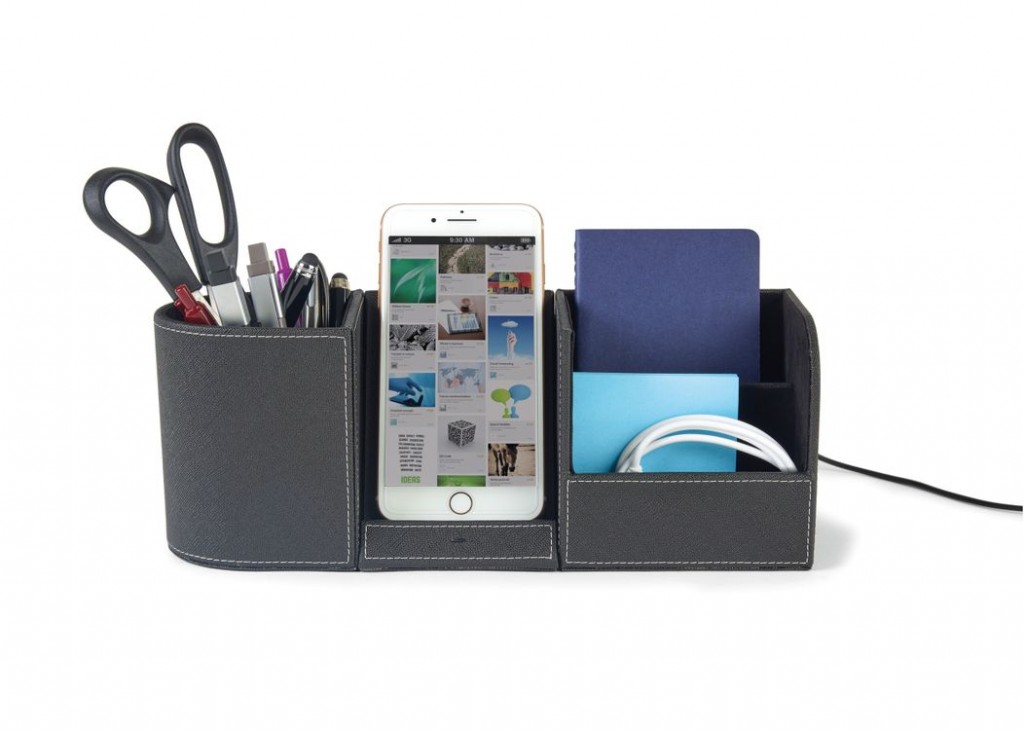 Charging Desk Organizer with office supplies and a phone inside