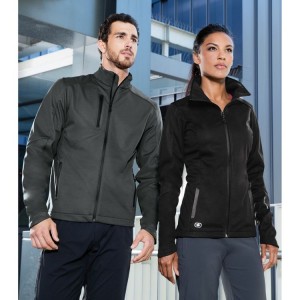 Ogio Unisex Soft Shell Jacket shown on a male model with women's cut shown on a female model
