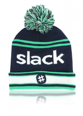 Swag.com Beanie shown with an example design and logo on it