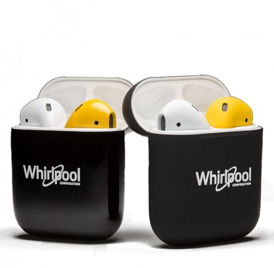 Painted Apple AirPods shown in their case with an example logo on the front
