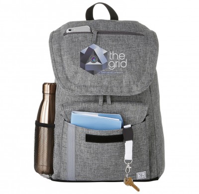 Mila Backpack shown with items in pockets and example logo on the front