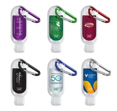 6 Hand Sanitizers with Carabiner shown with individual logos and designs