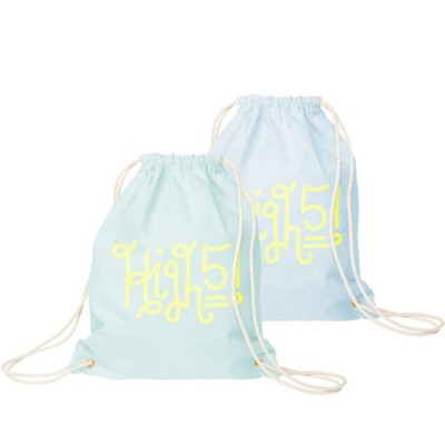 Two Colored Canvas Drawstring Bags with an example logo on the front