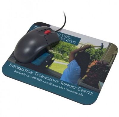 Custom Mouse Pad shown with an example design on it and a mouse on top
