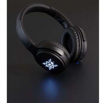 Mase Headphones shown with an example logo on them over a black background