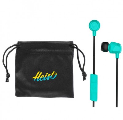 Skullcandy Jib Earbuds shown next to their carrying pouch with an example logo on it