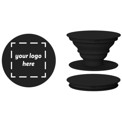 PopSockets shown in black with "your logo here" on the top