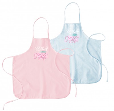 Hot Mess Aprons in Fairy Tale Pink and Powder Puff Blue with example designs  on the front
