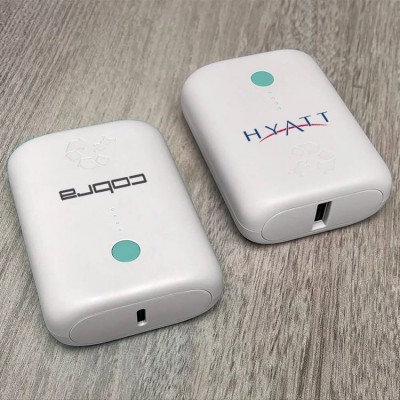 Two Nimble Lite Portable Charger shown in White with example logos on them
