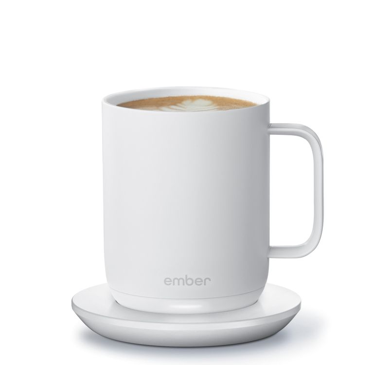 Ember 14 Ounce Temperature-Setting Mug shown with coffee inside in White