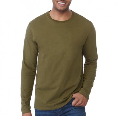Tentree Men's Organic Cotton Long Sleeve Shirt in Ten Olive Night Green shown on a model
