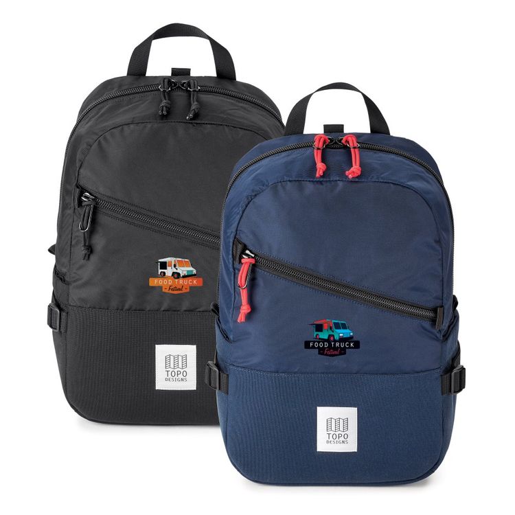 Two Topo Designs Backpacks shown in different colors with example logos on the front
