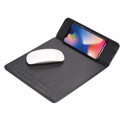 Wireless Charging Mouse Pad shown in use with a phone and mouse on top