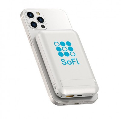 Mag Cube Power Bank shown on top of a cell phone with an example logo digitally printed on it