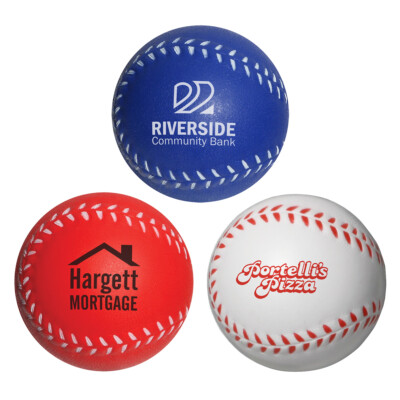 Three Baseball Stress Relievers in red, white, and blue with example logos on them