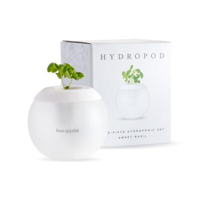 Hydropod Grow Kit shown outside of box with basil plant started