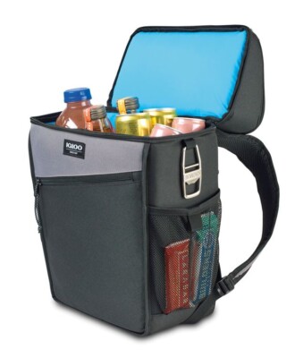 IGLOO Juneau Backpack Cooler shown open with beverage bottles inside