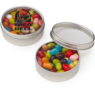 Candy Window Tins with jelly belliesinside and an example logo