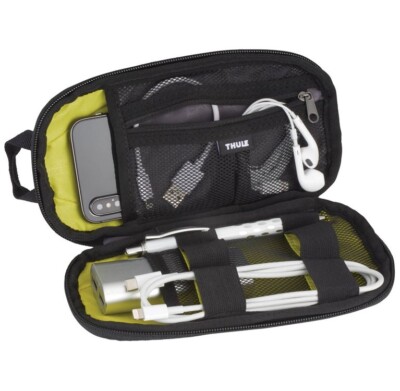 Thule Tech Bag Mini shown open with tech items inside