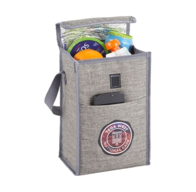 Recycled Lunch Cooler shown filled with food and an example logo digitally printed on the front