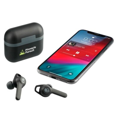 Skullcandy Evo Earbuds shown next to a cell phone and case with an example logo on it