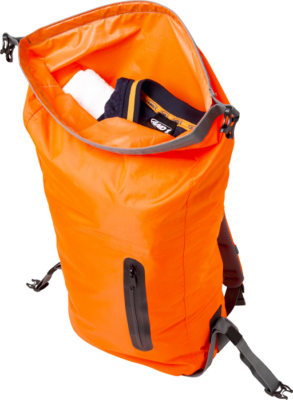 Dry Bag 25L Backpack shown in Orange and open with items inside