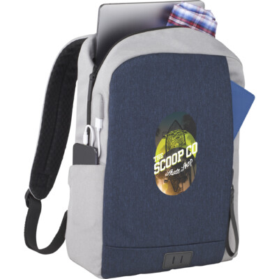 Corbie Computer Backpack shown in Navy/Gray with an example logo on the front and items inside the pockets