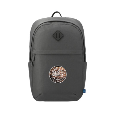 Repreve 15” Computer Backpack shown with an example logo on the front