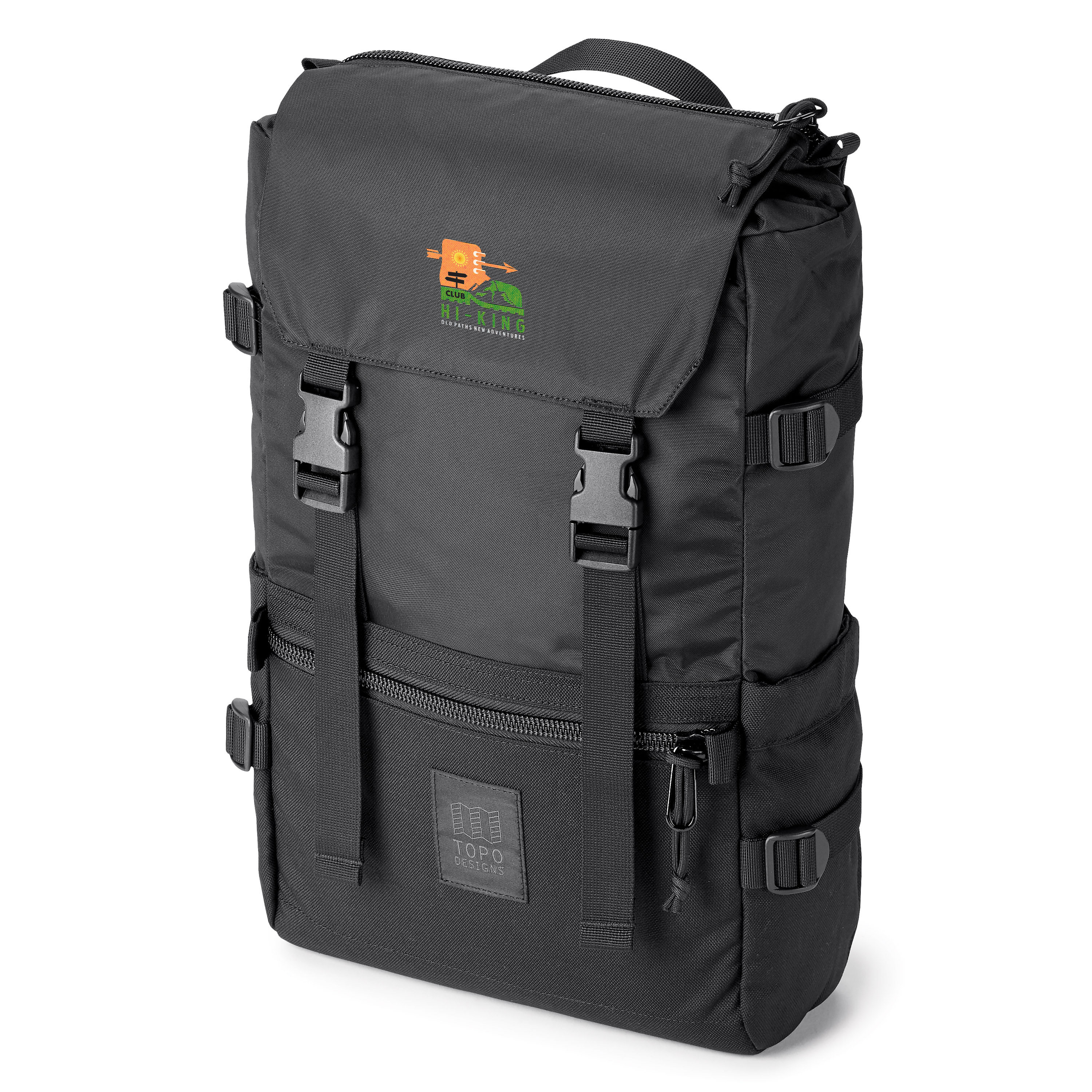 Topo Designs Rover Backpack shown at an angle with an example logo