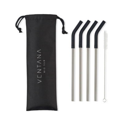 Aviana 4 Pack Straw Set reusable metal straws with a black travel case and cleaning brush