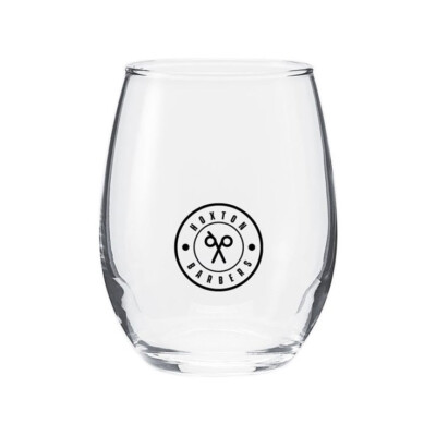 Stemless Wine Glass shown with an example logo on the front
