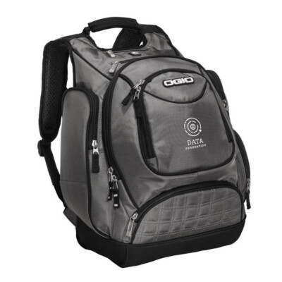 OGIO Metro Backpack shown from the front in Petrol color with an example logo