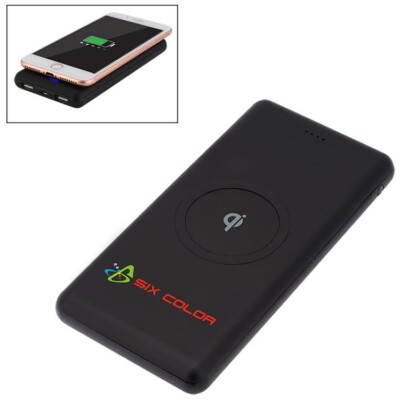 Qi Power Bank shown with a phone charging on it and with an example logo at the bottom