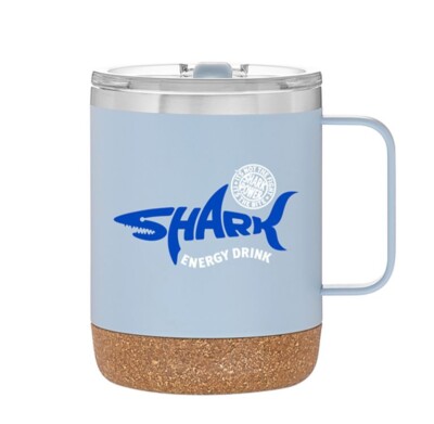 12 Oz. Cork Camper Mug in Matte Landfall with an example logo screenprinted on the front 