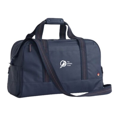 Marine Layer Weekender Bag in Navy with an example logo on the side