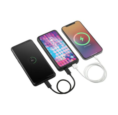 Mophie 10,000 MAh Power Bank shown connected to or powering 2 cell phones 