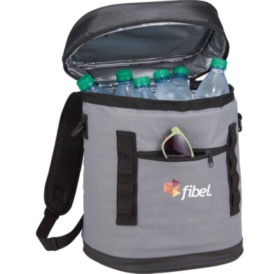 Premium 20 Can Backpack Cooler shown with sunglasses, water bottles, and an example logo on the front