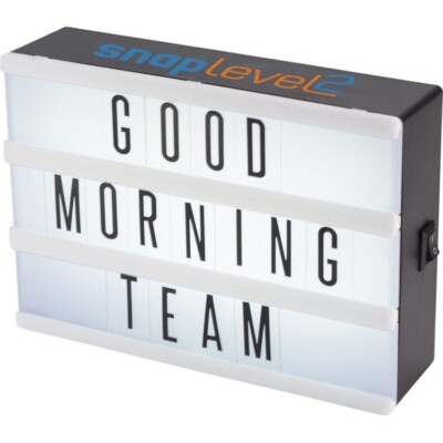 Cinema Box shown with "GOOD MORNING TEAM" on the front and an example logo printed on the top