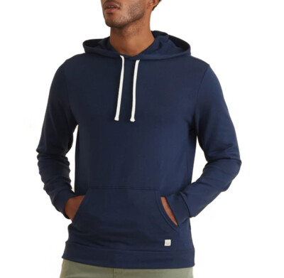 Marine Layer Men's Sunset Pullover Hoodie shown in True Navy on a model