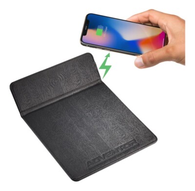 Wireless Charging Mouse Pad shown with a phone in-hand and an example logo debossed onto the front