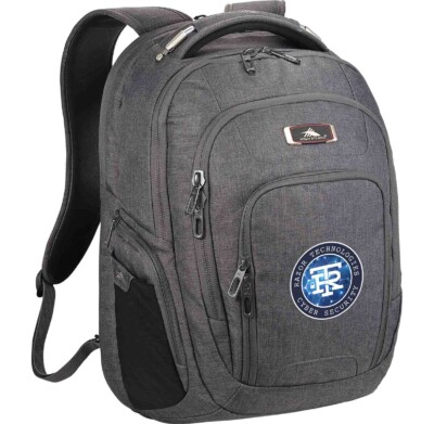 High Sierra Deluxe Backpack in Gray with an example logo on the front